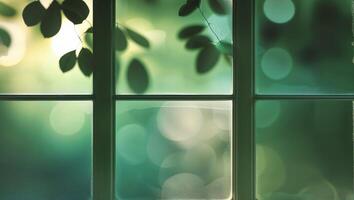 Soft light filters through a window surrounded by greenery, creating a serene atmosphere in a peaceful setting photo