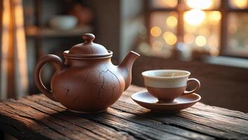 Warm afternoon tea with a rustic teapot and cup against a glowing backdrop in a cozy setting photo