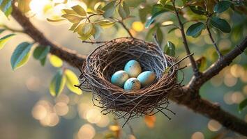 Blue speckled eggs nestled in a delicate nest in a tree during a soft morning light photo