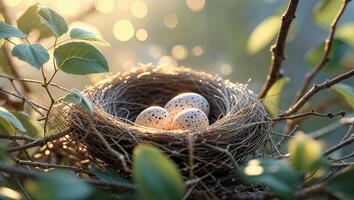 Nest with speckled eggs resting in a sunlit tree during early morning hours in nature photo