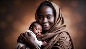 Mother holds newborn baby in loving embrace with soft lighting creating a warm atmosphere photo