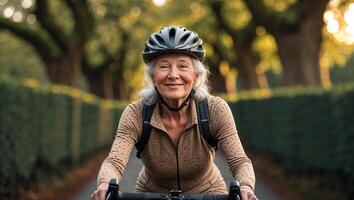 Senior woman enjoys cycling on a tree-lined path during golden hour in a serene park setting photo