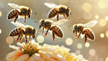 Bees flying around a flower during a sunny day in a vibrant garden full of life and color photo