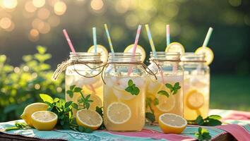 Refreshing summer lemonade jars with slices and mint against a sparkling background in a garden setting photo
