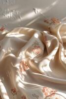 Soft textile draped elegantly with floral patterns illuminated by warm sunlight in a tranquil indoor setting photo