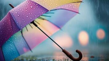 Colorful umbrella in the rain with water droplets reflecting light in a foggy atmosphere photo