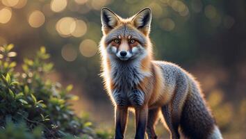 Wild fox standing gracefully in a sunlit forest during the golden hour, showcasing its vibrant fur and keen expression photo