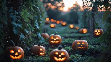 Pumpkins illuminate a garden pathway during a festive Halloween evening photo