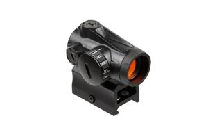 Orange-lensed black tactical red dot sight, rail-mounted, often used for improving firearm aiming accuracy, isolated on a white background. photo