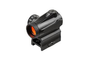 Tactical red dot sight in black with an orange lens, mounted on a rail, ideal for firearms to improve accuracy, isolated against a white background. photo