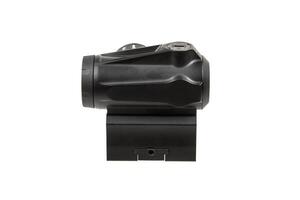 A black tactical red dot sight with an orange-tinted lens, attached to a rail, often used for firearms to enhance aiming accuracy, shown on a white background. photo