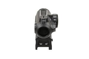 Tactical sight in black with a red dot and orange lens, mounted on a rail, designed to improve firearm accuracy, isolated on a white backdrop. photo