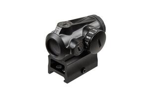 A tactical red dot sight in black, featuring an orange-tinted lens and rail mount, typically used for firearms to enhance aim, shown on a white background. photo