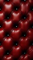 Deep red tufted leather upholstery, known for its luxurious feel, classic design, and evenly spaced buttons with a glossy texture. photo