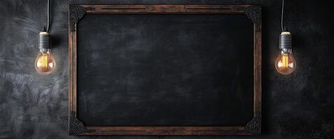 An empty, dark chalkboard with ornate wood framing, flanked by two vintage Edison light bulbs, creating an artistic and moody atmosphere, suitable for interior decor or educational environments. photo