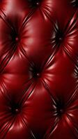 Luxurious red leather upholstery showcasing a classic tufted pattern with perfectly spaced buttons and a shiny, rich texture. photo