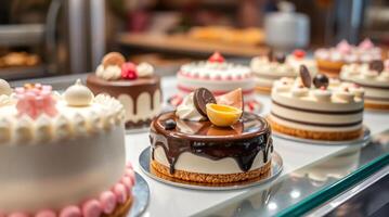 Many different types of cakes are on display in a bakery photo