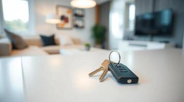 A key and a remote control on a table in front of a living room photo