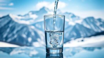 A glass of water with a mountain in the background photo