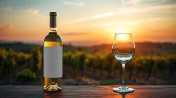 A bottle of wine and a glass of wine on a table in front of a vineyard photo