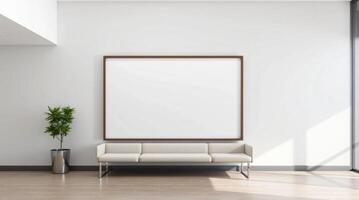 Empty white room with a couch and a blank picture frame photo