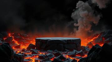 A lava pit with a stone in the middle photo