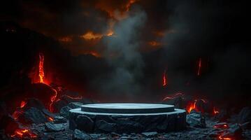 A lava pit with a stone table in the middle photo