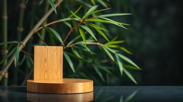 A wooden stand with a bamboo plant in the background photo