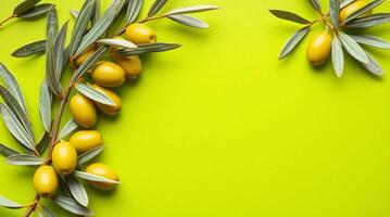 Olives on green background top view photo
