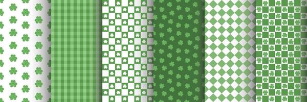 Set of chequered seamless patterns with clover leaves. St. Patrick's Day. Surface design for textile, fabric. Green and white colors. vector