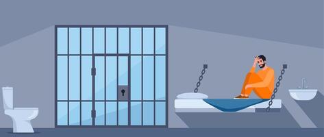 Man in prisoners cell. Serving time for crime. Violation of law. Guy in orange uniform on bunk. Jail interior. Convicted lawbreaker sitting on bed. illustration. vector