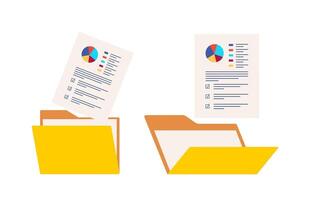 Opened yellow folder and documents, statistical data with charts, diagrams. Workplace documents for financial statistics, reporting, strategy development. Data analysis. illustration. vector