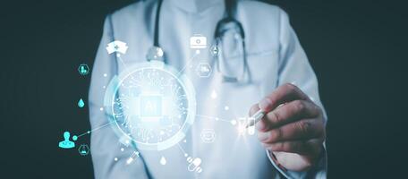 Medical worker using stethoscope on virtua medical AI technology services concept.Doctor hold virtual medical revolution and advance of technology photo