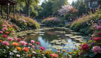 Tranquil Nature Serene Pond and Colorful Flowers Inspiring Zen Calm and Meditation photo