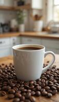 Close-Up of a Coffee Cup with Coffee Beans on a Cozy Kitchen Counter vertical photo
