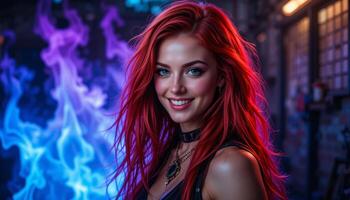horizontal smiling Rock-Styled Woman with Red Hair and Colorful Smoke and Lights in Blue and Pink Background photo