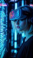 vertical Virtual Reality Vision Attractive Blonde Woman with VR Headset Viewing Glowing Code on a Monitor, Sci-Fi and Cyberspace Concept photo