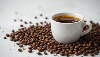 Coffee Cup with Coffee Beans on White Background and Copy Space horizontal photo