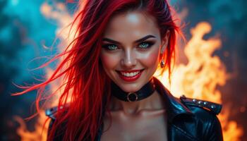 Fiery Confidence Red-Haired Metal Woman Smiling and Staring at the Viewer Against a Backdrop of Flames photo