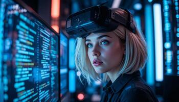 horizontal Virtual Reality Vision Attractive Blonde Woman with VR Headset Viewing Glowing Code on a Monitor, Sci-Fi and Cyberspace Concept photo