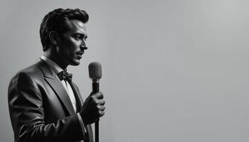 Vintage man Jazz Singer with Microphone - Retro Style Illustration with Copy Space photo