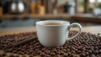 Close-Up of a Coffee Cup with Coffee Beans on a Cozy Kitchen Counter horizontal photo
