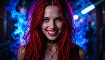 smiling Rock-Styled Woman with Red Hair and Colorful Smoke and Lights in Blue and Pink Background photo