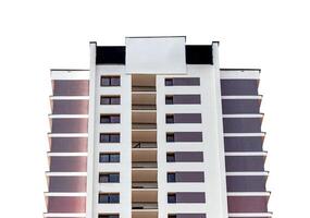 Tall, modern multistory condominium building with residential facade. Concrete structure with large photo