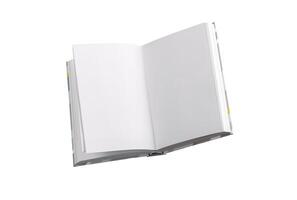 A blank book levitating in the air, showcasing its open, white pages for writing, design, or reading photo