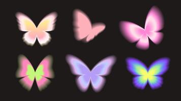 Neon y2k butterflies with blur effect, retro style glowing butterfly, nostalgia for 2000s. element for design vector