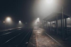 Foggy railway station, railroad tracks in the fog photo