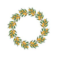 Circular frame with sea buckthorn berries, food or cosmetics label, sticker template for packaging, isolated on white background. vector