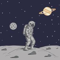 Astronaut Exploring the Grey Planet with Ring Planet in the Background vector