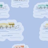 Editable Outline Style Side View Indian Kerala Houseboat Vectorized Illustration on Calm Lake in Various Colors Seamless Pattern for Creating Background of Southwestern India Transportation vector